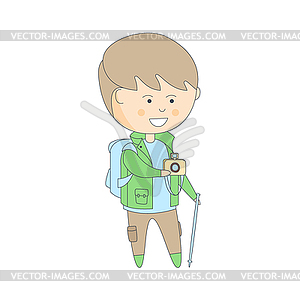 Tourist In Travel Outfit With Backpack And Camera - vector EPS clipart