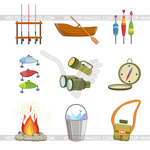 Fishing And Camping Equipment Set - vector image