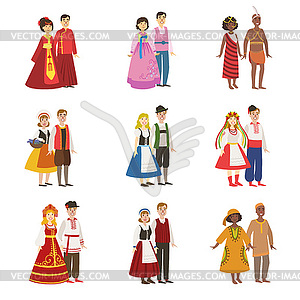 Couples Wearing National Costumes Set - stock vector clipart