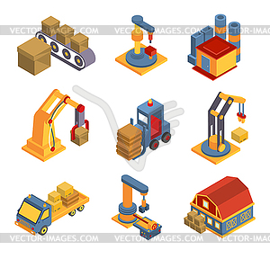 Isometric Factory Flowchart with Robotic Machinery - vector clipart