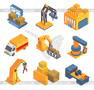 Isometric Factory Flowchart with Robotic Machinery - vector clip art