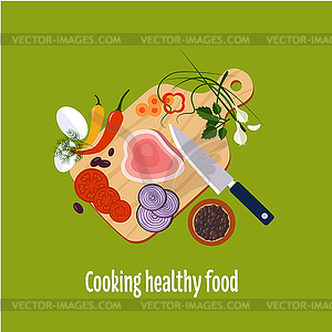 Food Preparation. Knife, Meat, Onions and Spices - vector clipart