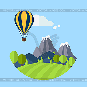 Flat Design Nature Landscape with Sun, Hills, - royalty-free vector clipart