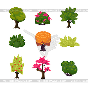 Cartoon Trees, Leaves and Bushes Set - vector clip art