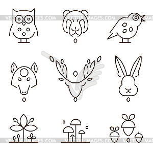 Animal Heads and Plants Icons Set Linear Style - vector clipart