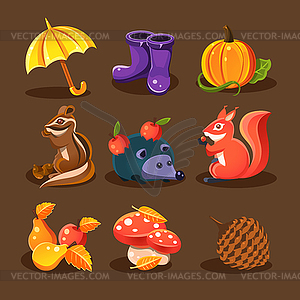 Autumn forest, woodland animals, flowers - vector image