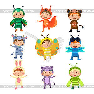 Cute Kids Wearing Insect and Animal Costumes - vector clip art