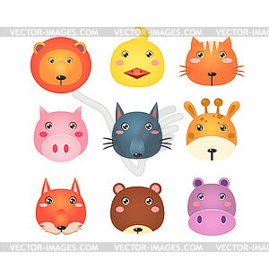 Cute Set of Cartoon Animal Heads - vector clipart