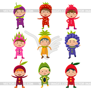 Cute Children in Fruit and Berry Costumes - vector image