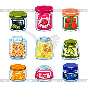 Canned Fruit and Vegetables in Cans - vector image