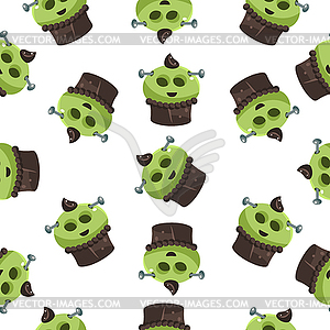 Seamless Monster Pattern Green Cupcake - vector clip art