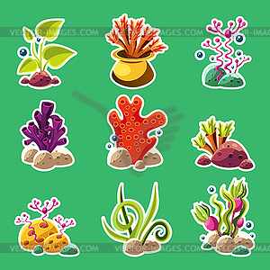 Cartoon underwater plants and creatures - vector image