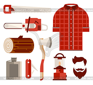 Wood and Tools of Lumberjack in Flat Style. Set - vector image