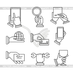 Business Icons With Hands in Linear Style - vector image