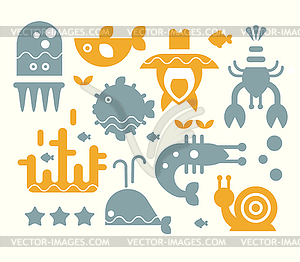 Sea Inhabitants Set in Flat Style - vector clip art