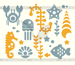 Sea Inhabitants and Plants Set in Flat Style - vector clipart