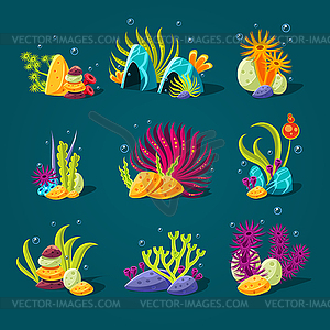 Set of cartoon algae, elements for aquarium - stock vector clipart