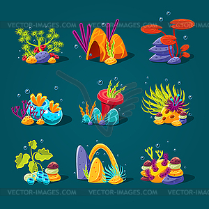 Set of cartoon algae, elements for aquarium - vector clip art