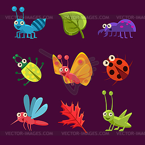 Cute Insects and Leaves with Emotions. Collection - vector image