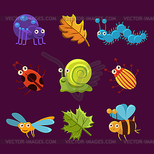 Симпатичные Насекомые и листья с эмоциями - изображение в векторе / векторный клипарт