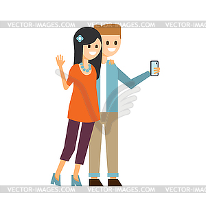 Boy and Girl Making Selfie - vector clip art