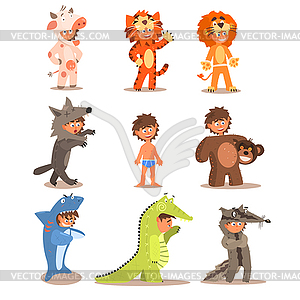 Little Boys Wearing Animal Costumes. Set - vector image