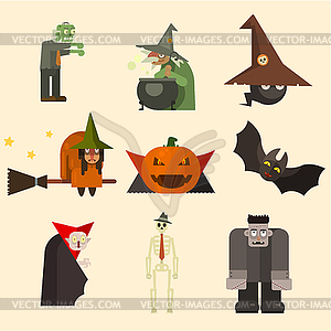 Halloween Characters in Flat Style - vector image