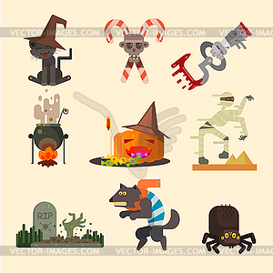 Halloween Attributes, Characters Set in Flat Style, - vector clipart