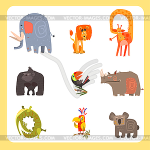 Safari Animals and Birds Set, Flat Design - vector clip art