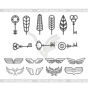 Feather, key and wing Set in Linear Style, - vector clipart