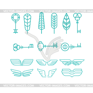 Feather, key and wing Set in Linear Style, - vector clip art