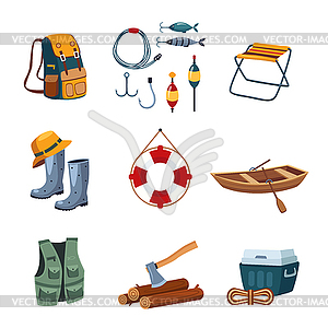 Fishing and Camping Equipment in Flat Design, Set - royalty-free vector clipart