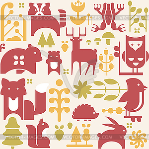 Autumn Animals and Plants in Flat Style Seamless - vector image