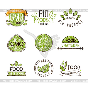 Natural Organic Labels, Set in Handdrawn Style - royalty-free vector clipart