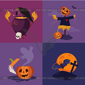 Halloween Pumpkin, Cauldron and Scarecrow Set - vector image