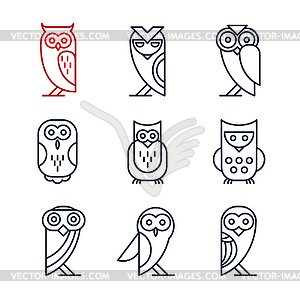 Set of Owl Design Elements in Linear Style - vector image