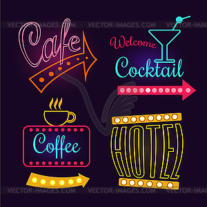 Neon Signs of Cafe, Hotel and Cocktail - vector clipart