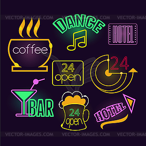 Neon Signs of Cafe, Hotel and Bar - vector clipart