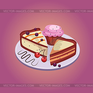 Pie and Cupcake with Cherries - vector image