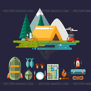 Camping and Hiking Icons. Flat Design - vector image