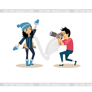 Photographer and Girl with Skates in Flat Style - vector clip art