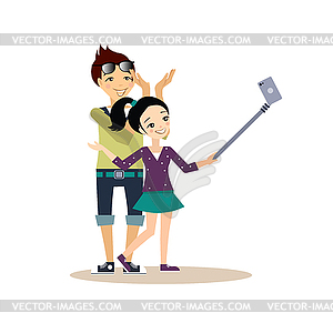 Young Couple Taking Selfie. in Flat Style - vector clipart