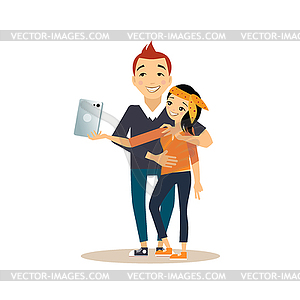 Young Couple Taking Selfie. in Flat Style - vector image