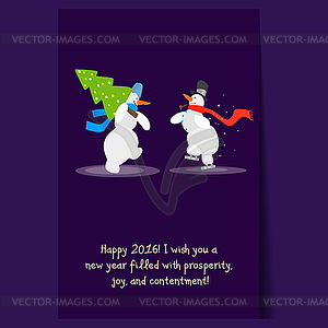 Two Funny Snowmen with Christmas Tree. Winter - royalty-free vector clipart