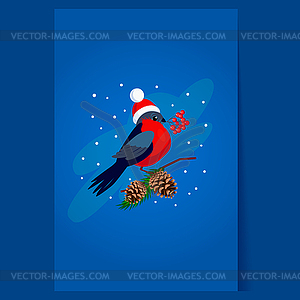 Bullfinch wearing Hat holding berries on Branch wit - vector clipart / vector image