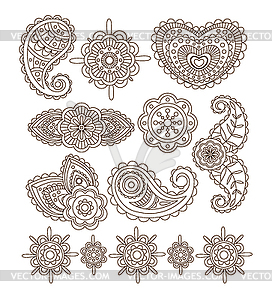 Indian Floral Ornaments, Mandala, Henna. Set - vector image