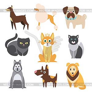 Collection of Cats and Dogs Different Breeds. Flat - vector clipart