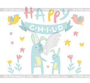 Childish Bunny with Mom Flat - color vector clipart