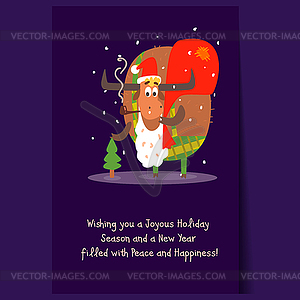 Santa Bull with Beard and Sack. Christmas - vector clip art