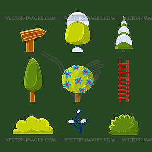 Trees, Bushes and Sign, Set - vector image